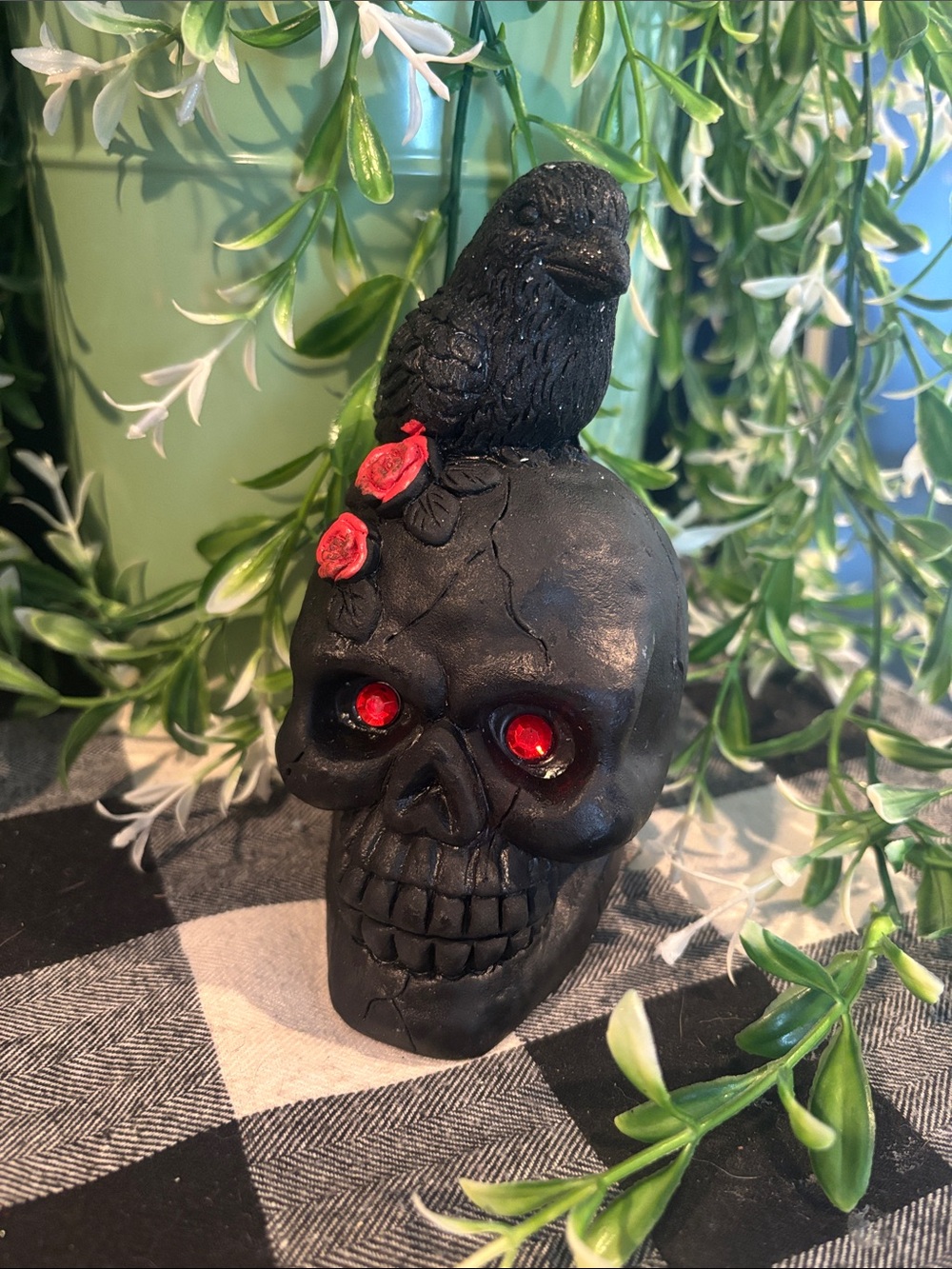 Black Skull Accent with Raven and Red Rose Detail